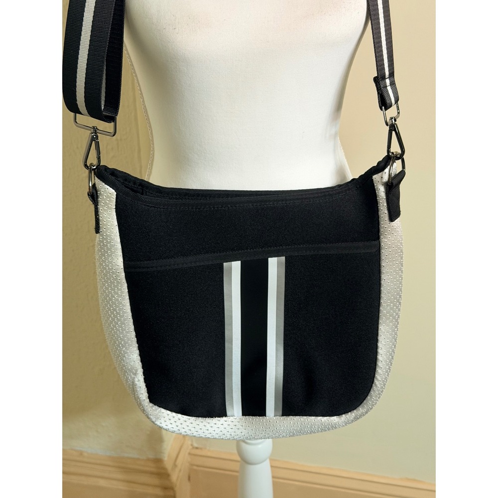 Haute Shore Neoprene Crossbody Bag Black White Striped Messenger Guitar Strap